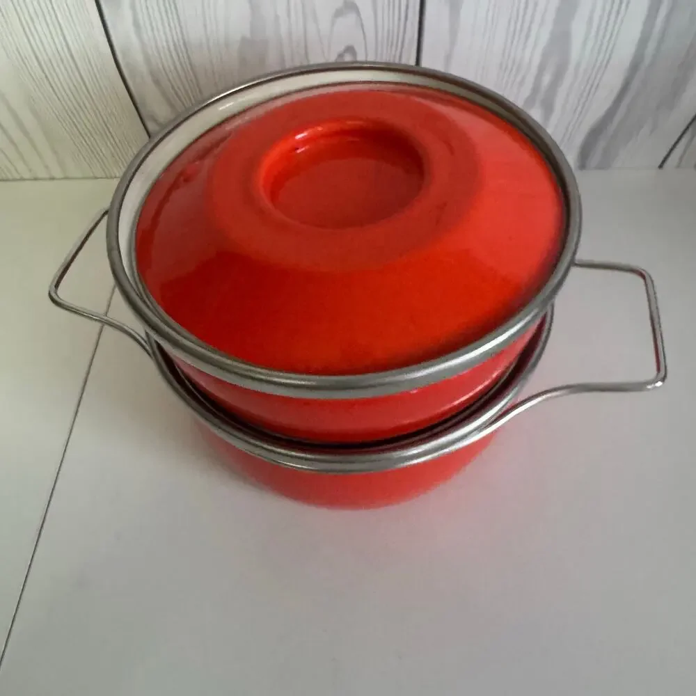 MCM Set of 2 Enamel Bright Red-Orange Lidded Cooking Pots Handle Lid
